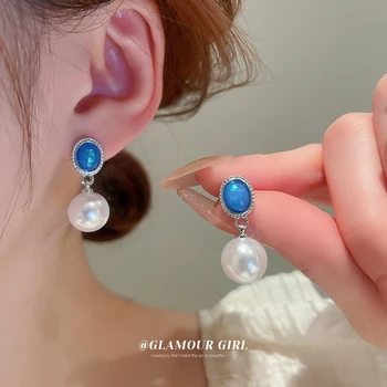 Прекрасни Елегантни игли като Обеци с овална синя кръгла перла и висящи обеци за жени, Корейски модни обеци за всеки ден, Скъпа Бижутерия подарък за една дама