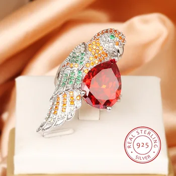 Пръстен от сребро 925 проба за жени, Стилно Лъскаво червен пръстен с цирконий във формата на капка вода, подарък за годишнина под формата на колибри