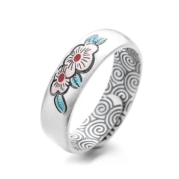 Пръстен от сребро S925, изпълнен емайл във формата на цвете сливи, тотем облак, ретро матирано отворен пръстен