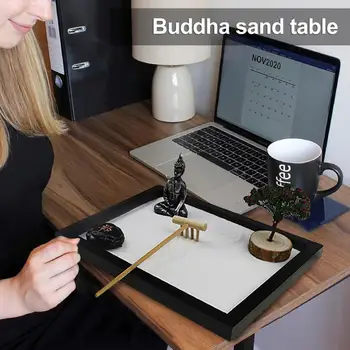 Пясък Спокойствие Дзен Статуя на Буда Украшение Комплект за пясък в китайски стил с гребла Камъни Миниатюрна дзен модел за медитация