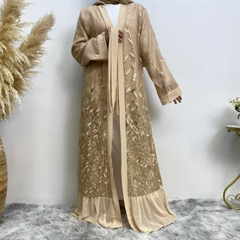 Рамадан Близкия Изток Саудитска Арабия Луксозна мода Нов дамски Дантелен жилетка с бродерии Листа Мюсюлманска дреха с пайети