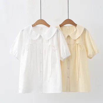 Ризи и блузи mori момичета от 100% памук, летни бели обикновена риза с яка 