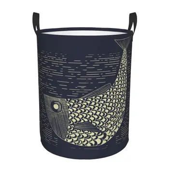 Сгъваема кошница за дрехи с гравиран върху дърво Muskie Риболовен кръгла кутия за съхранение на Голяма кошница Сгъваема облекло Кофа за детски играчки, Органайзер