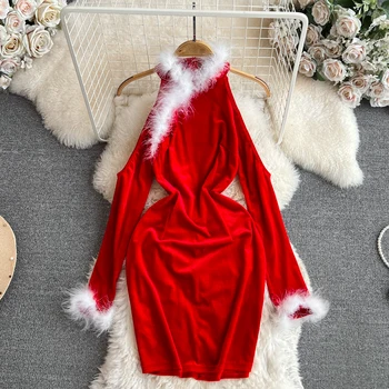 Червено коледна рокля в стил мозайка от кожа Хепбърн с отворена врата и колана си, Бархатное дебнещ Коледна рокля