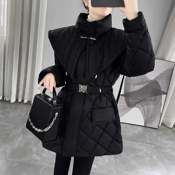 Черен памучен куртка с висока яка за жени, палто през зимата 2023 г., версия дрехи, памучен яке със средна дължина, с талия