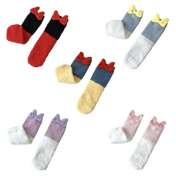 Чорапи с бантиком за жени, по-Дебели, Пухкави, удобни Чорапи-чехли, Топли, меки Зимни Плюшени Домашни чорапи за сън, подаръци