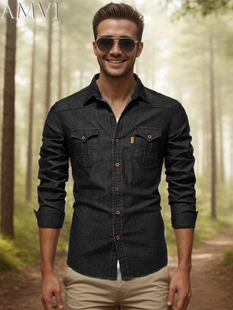 Мъжка еластична памучен деним риза AMVI с дълъг ръкав, са качествени каубойски ризи за мъже, ежедневни приталенная мъжки дизайнерски дрехи, мъжки блуза