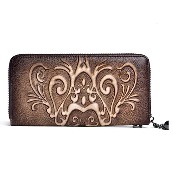 Дамски ръчни чанти-клатчи от телешка кожа, чантата с релефни изображения в стил ретро, лична карта / кредитни карти, удобна чанта с множество джобове, женски дълъг портфейл от естествена кожа