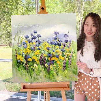 Лилаво цвете пейзаж на съвременното изкуство, 100% ръчно рисувани живопис с маслени бои върху платно, украса на стени, подаръци без рамки в подарък