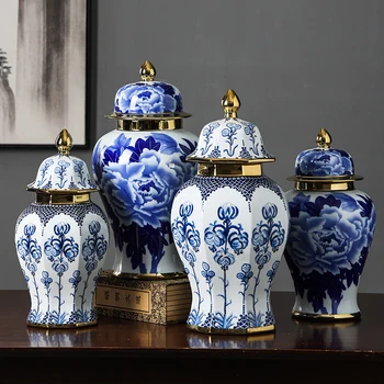 Порцеланови Орнаменти в саксии с джинджифил, син и бял Порцелан, обикновена ваза в китайски стил за дома, хол, украса за бродерия, къща