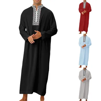 Случайни мюсюлмански костюм, мъжки Удобен Свободен стил, Ризи в клетка с дълъг ръкав и набивным дизайн, Интериор джобове, Дългата дреха, облекло